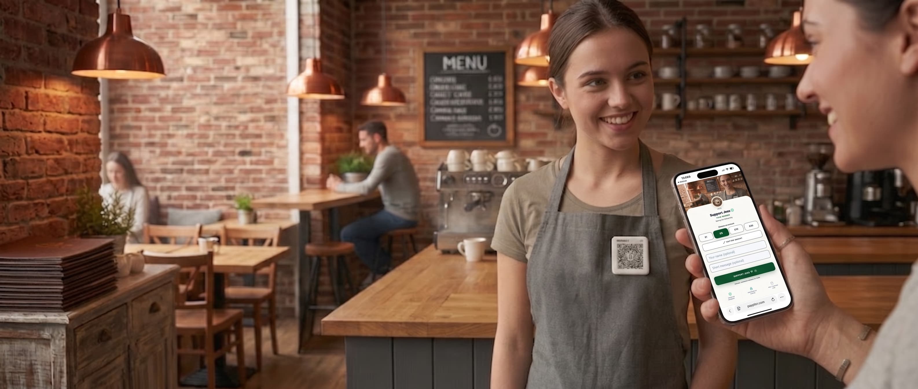 A smartphone scanning a PayPinz smart badge pinned on a waiter's apron